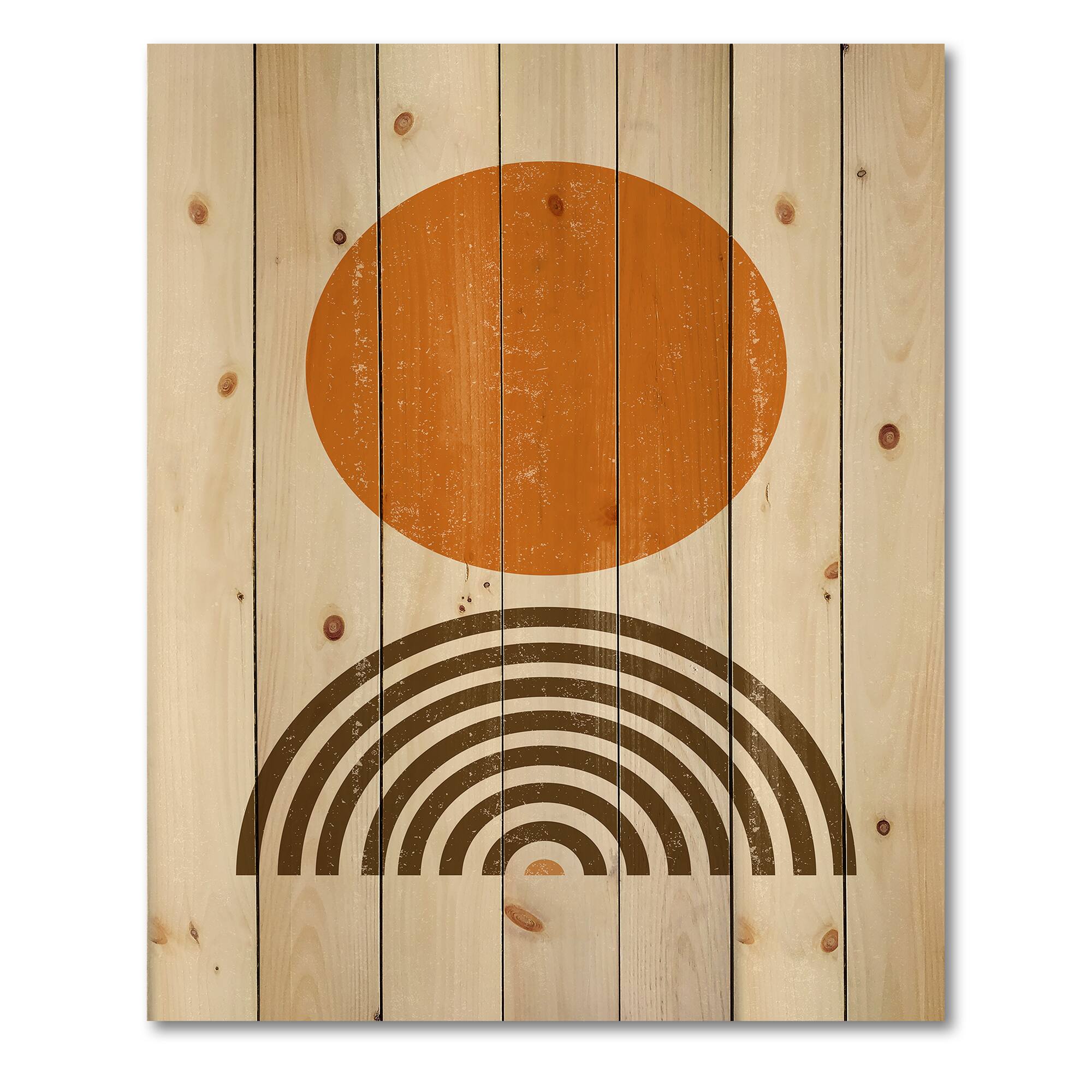 Designart - Abstract Minimal Orange Sun and Rainbow I - Modern Print on Natural Pine Wood